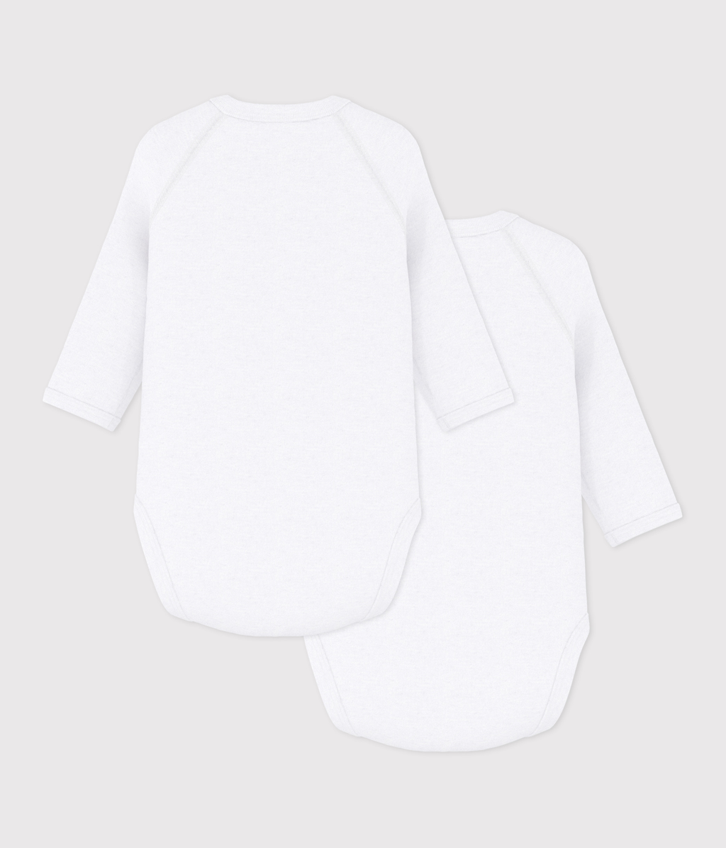 Pack of 2 plain long-sleeved crossover cotton bodysuits for baby