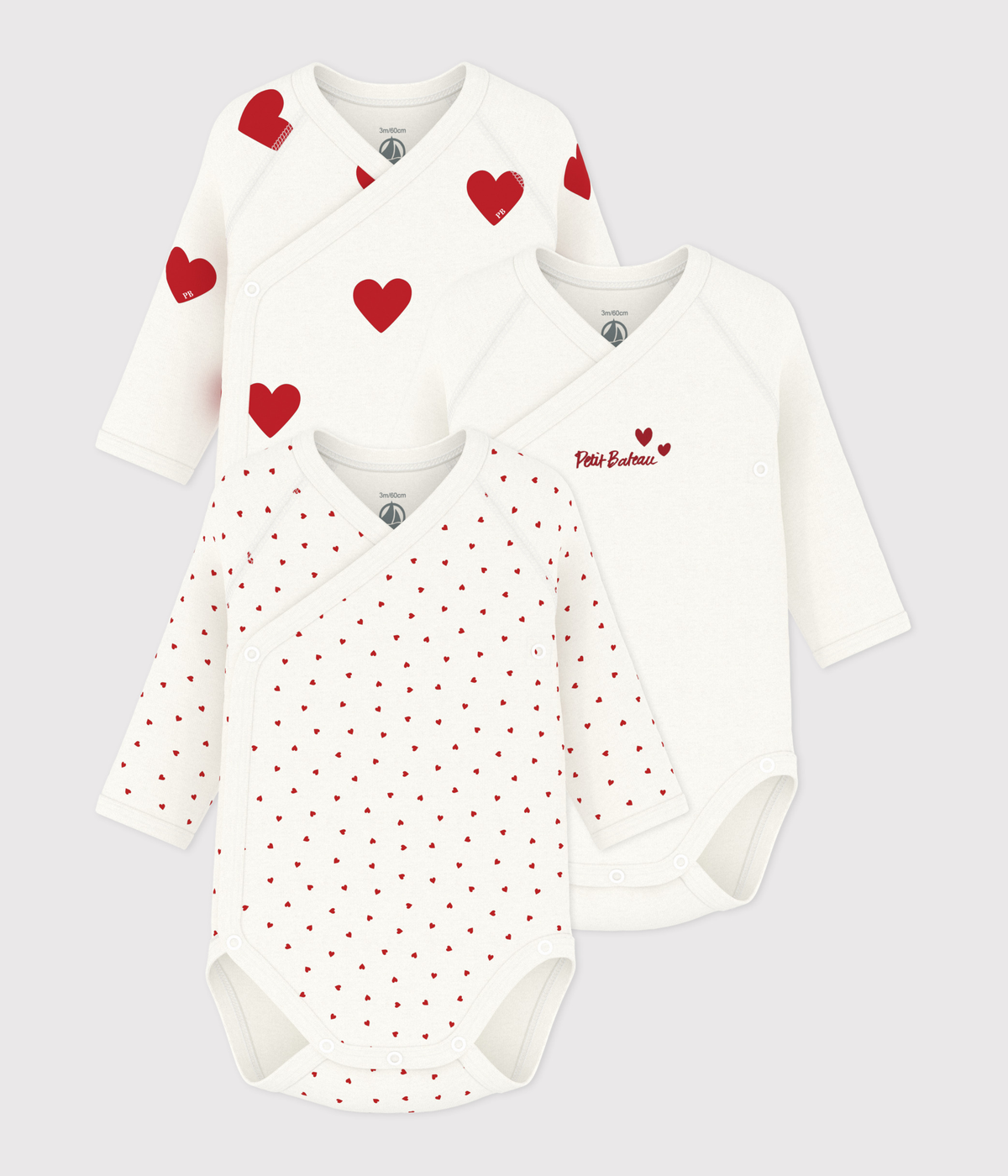 Lot de 3 bodies croisés cœur rouge manches longues bébé – F