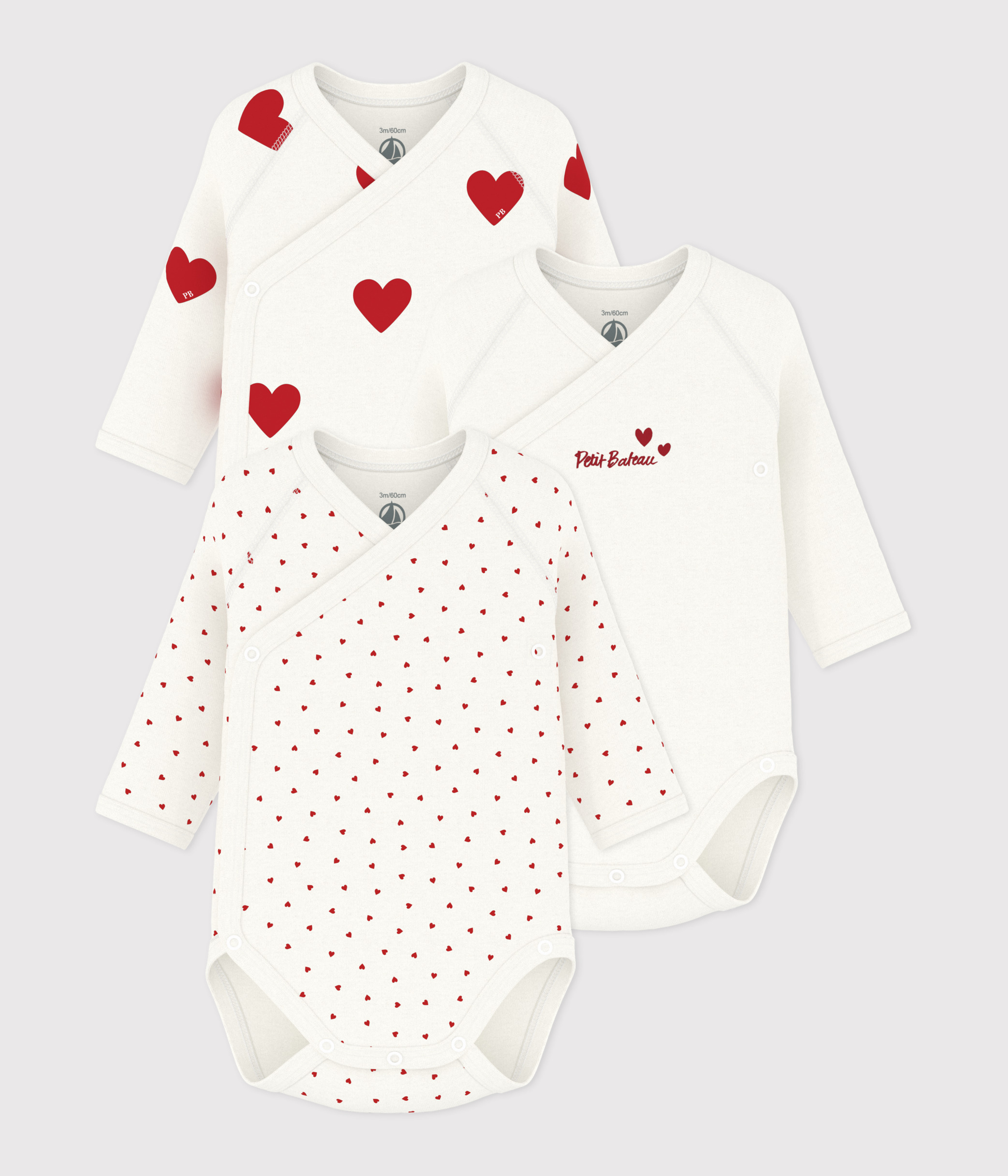 Lot de 3 bodies croisés cœur rouge manches longues bébé – F