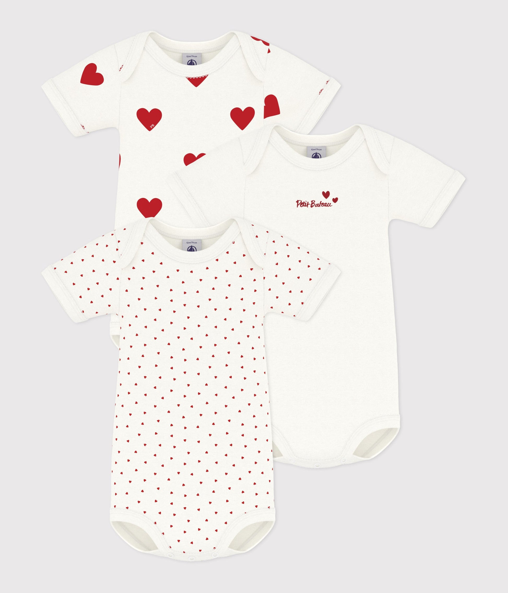 Lot de 3 bodies cœur rouge manches courtes bébé en coton – F