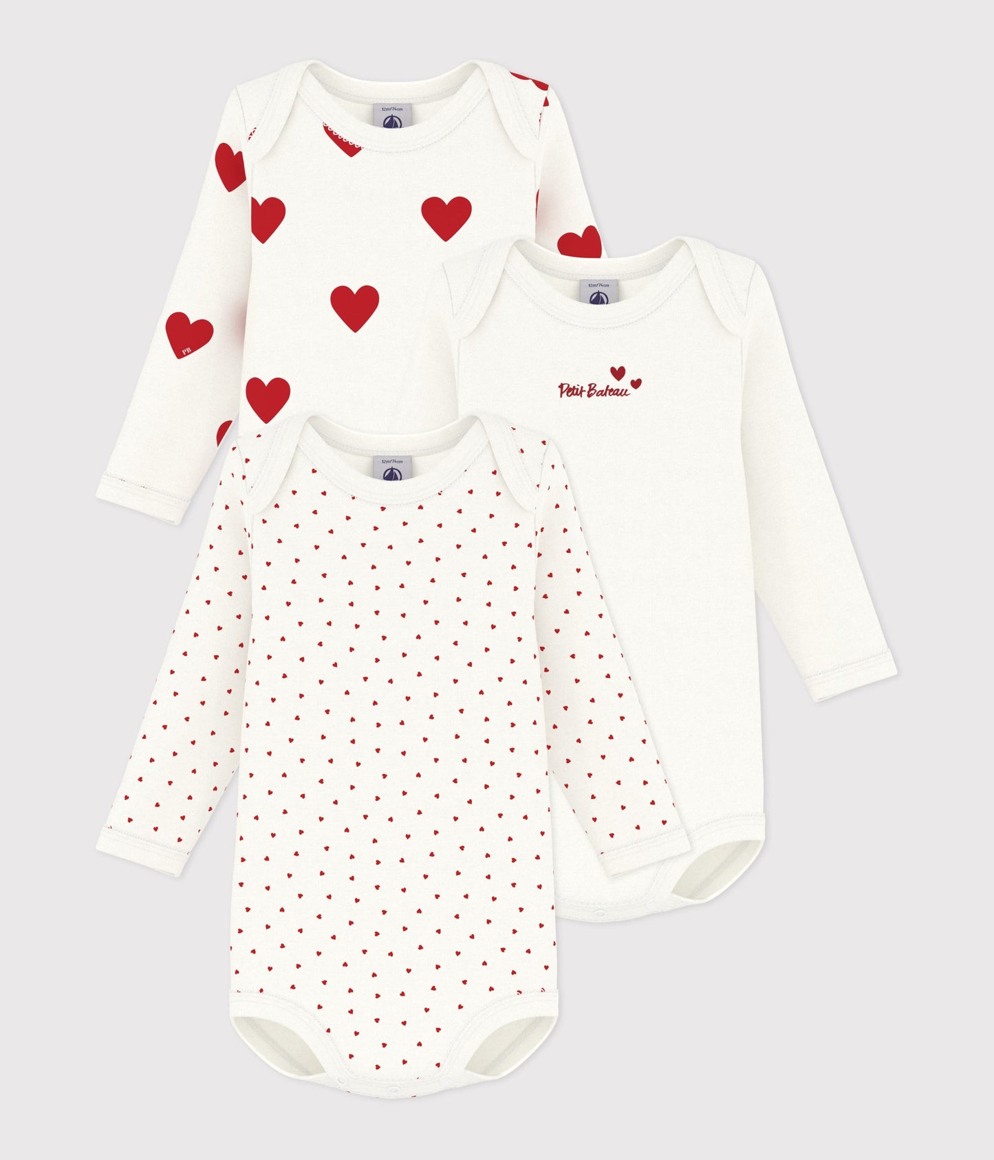 Lot de 3 bodies manches longues coeur bébé en coton – F