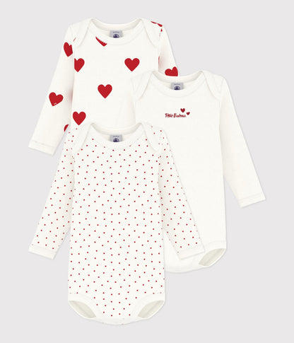 Lot de 3 bodies manches longues coeur bébé en coton – F