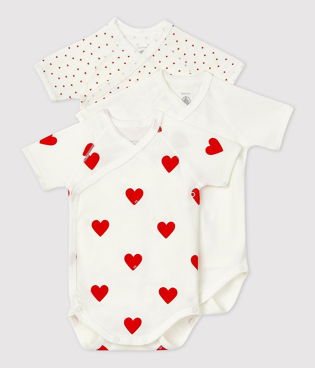 Lot de 3 bodies croisés manches courtes en coton cœurs bébé – F
