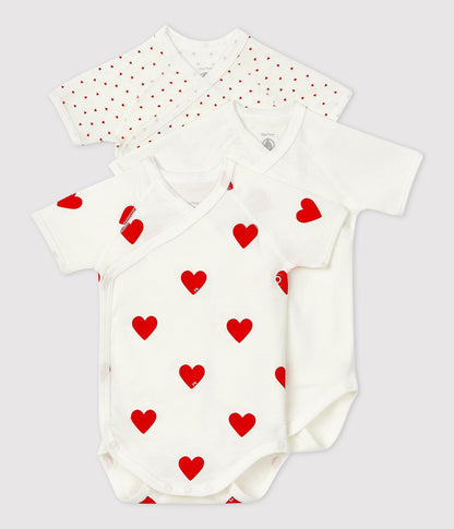 Lot de 3 bodies croisés manches courtes en coton cœurs bébé – F