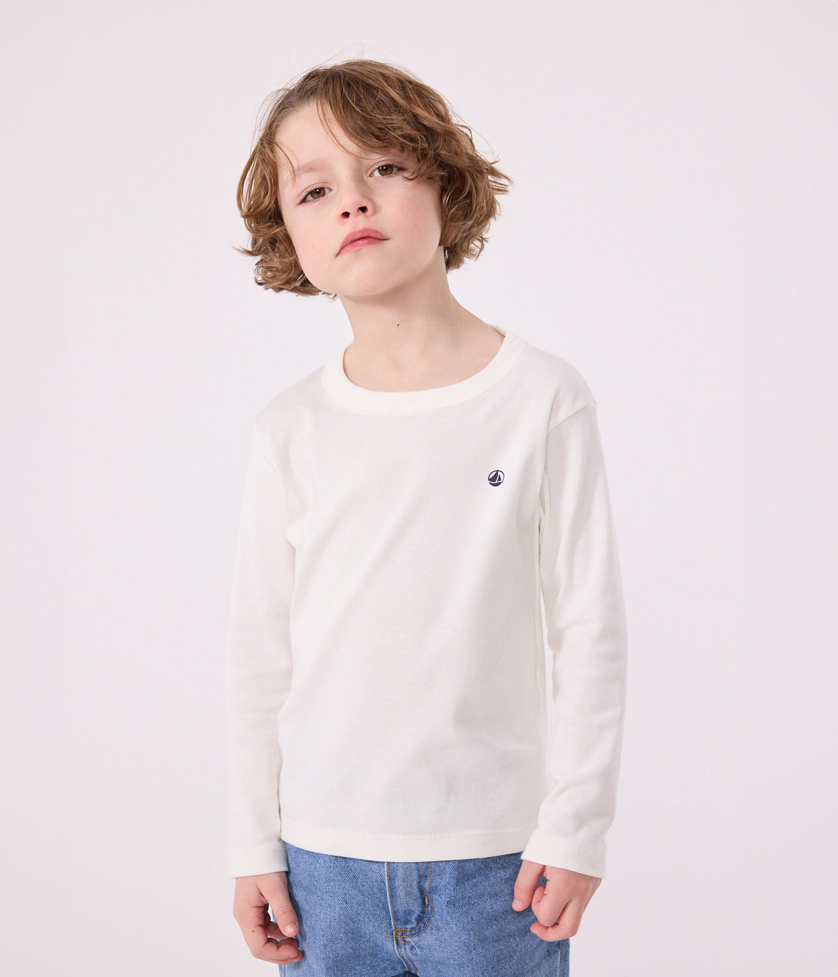 tee shirt manches longues en cote enfant fille garcon blanc