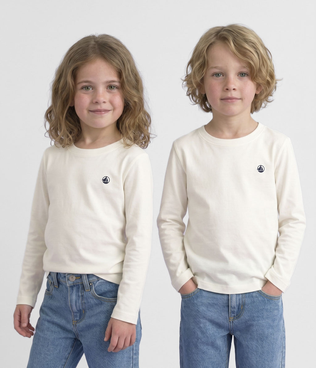 tee shirt manches longues en cote enfant fille garcon blanc