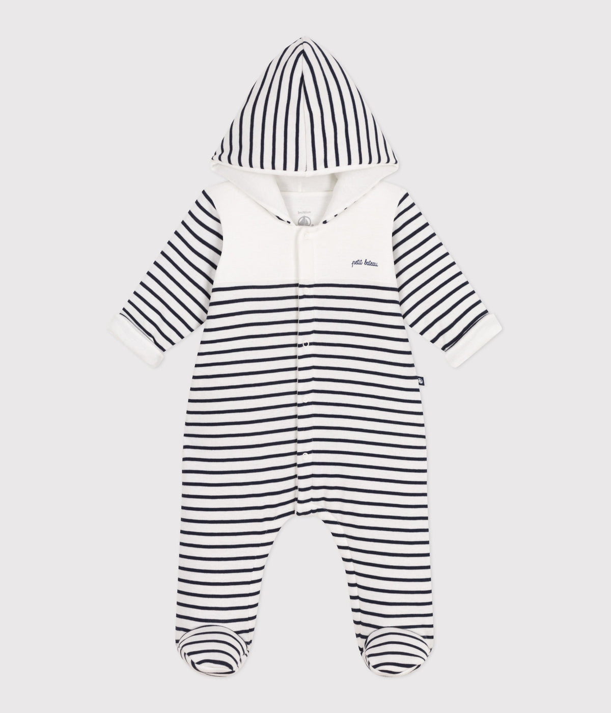 Padded baby romper with hood and feet, sailor stripe