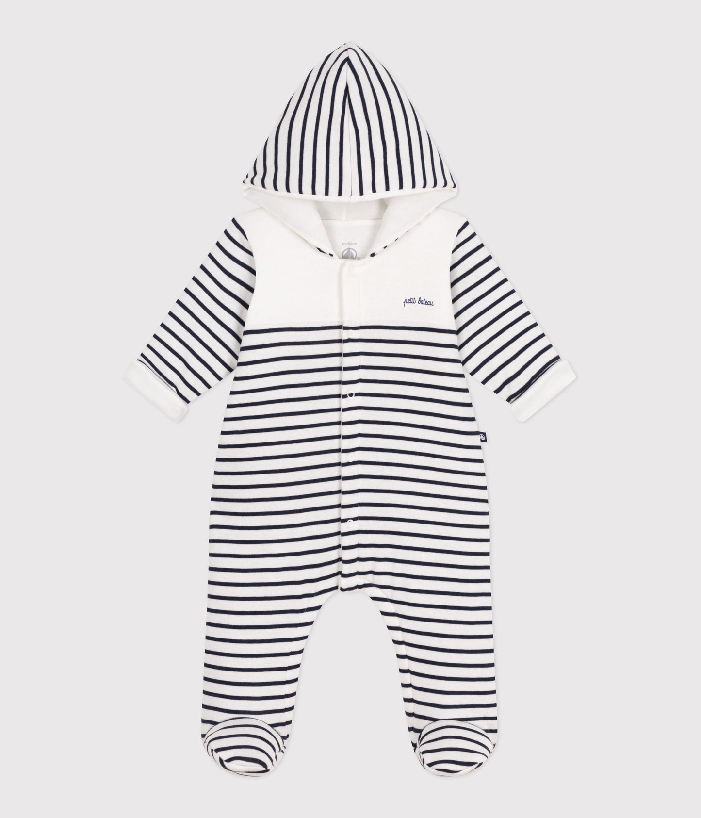 Combinaison bébé ouatinée à capuche et pieds, marinière