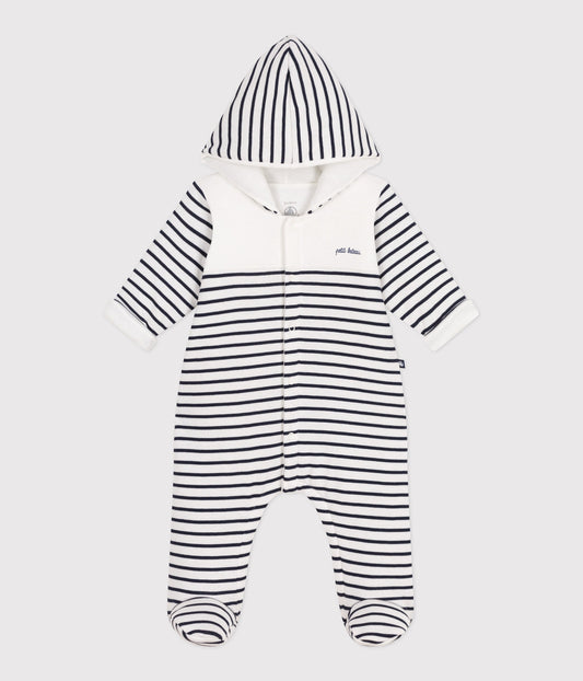 Combinaison bébé ouatinée à capuche et pieds, marinière