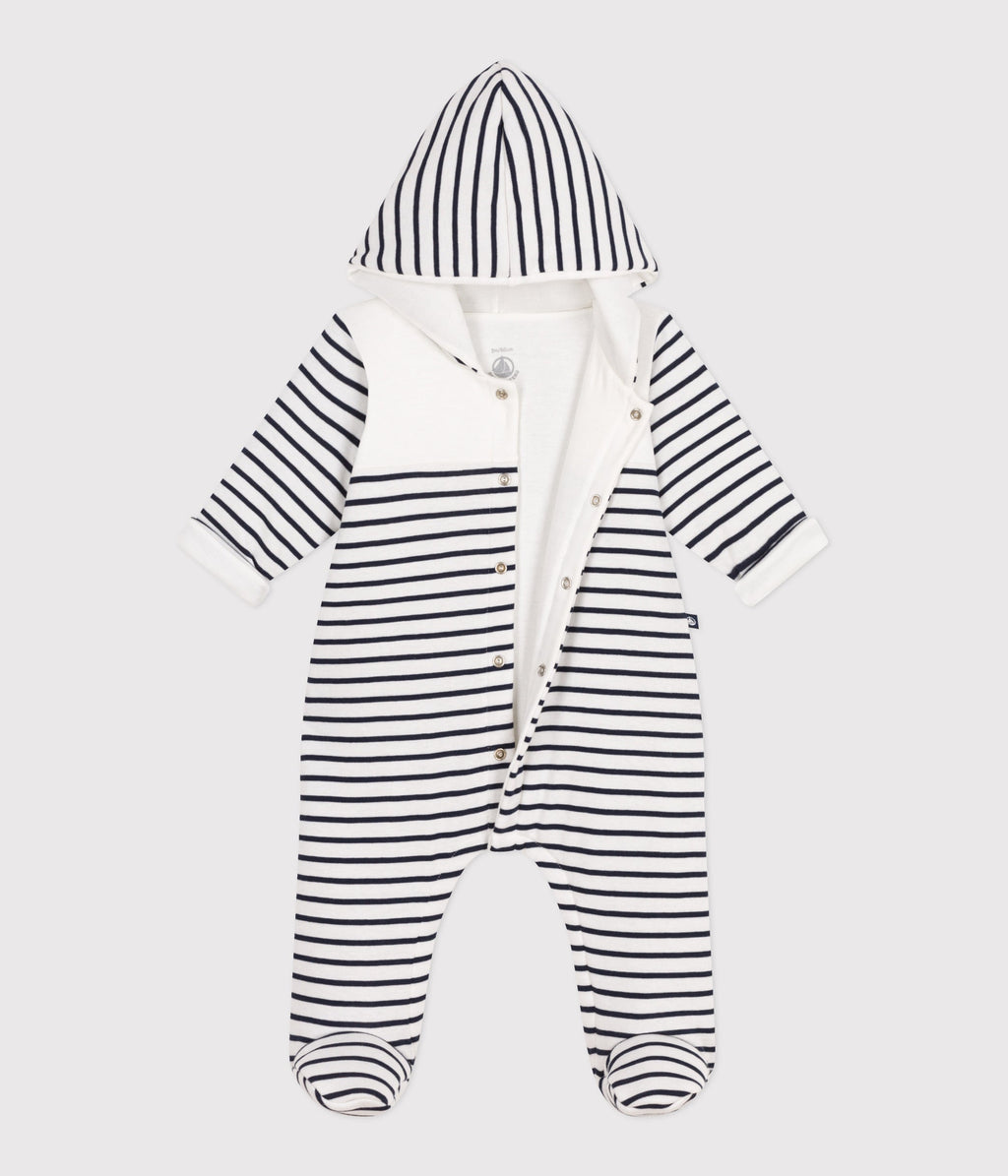 Padded baby romper with hood and feet, sailor stripe