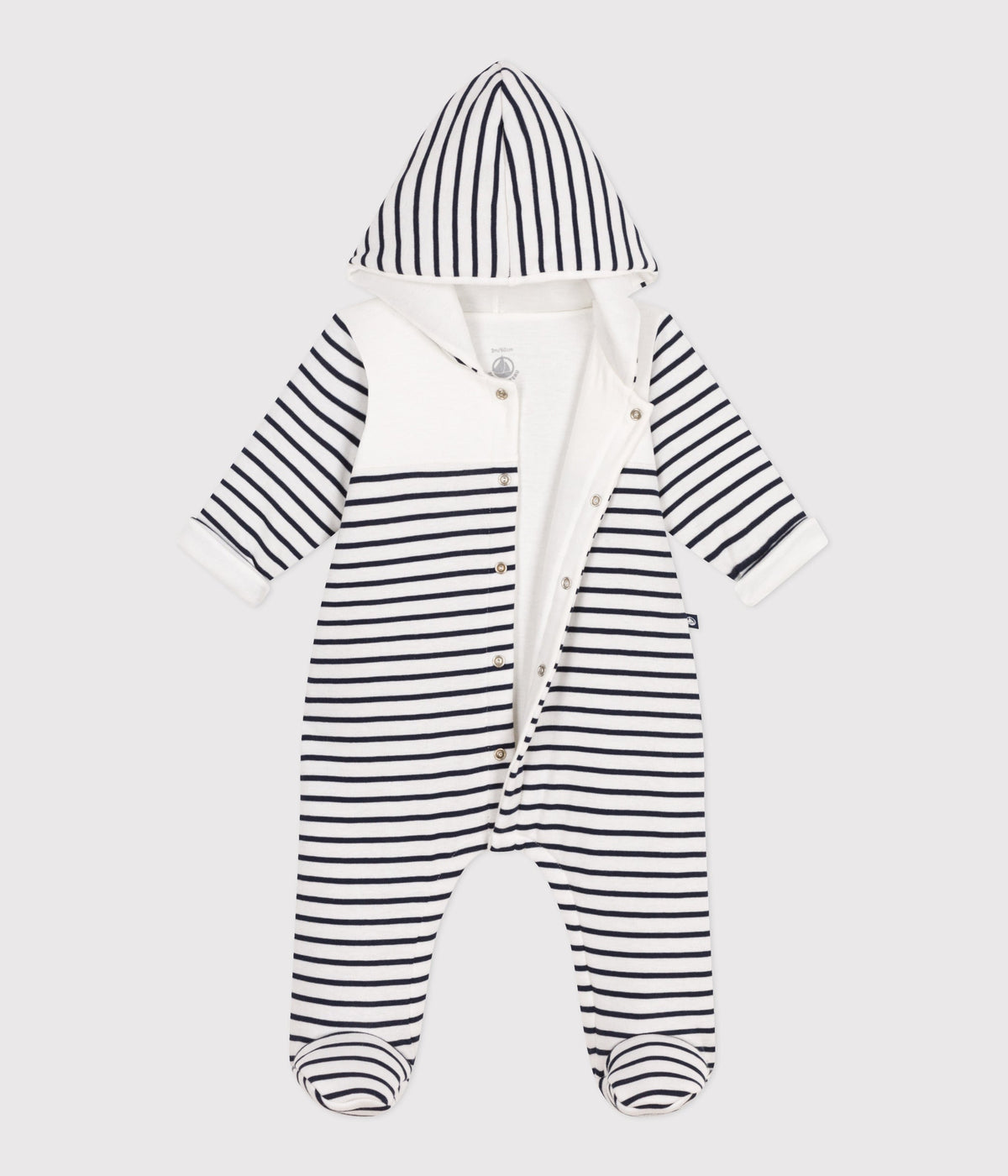 Padded baby romper with hood and feet, sailor stripe