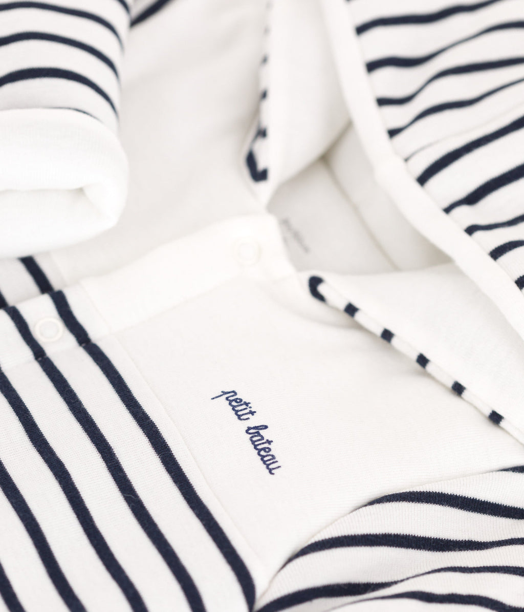 Padded baby romper with hood and feet, sailor stripe