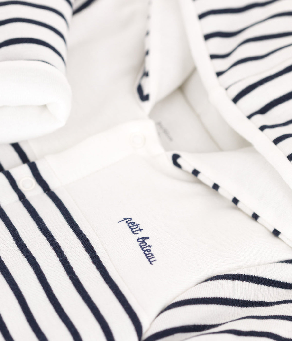 Padded baby romper with hood and feet, sailor stripe