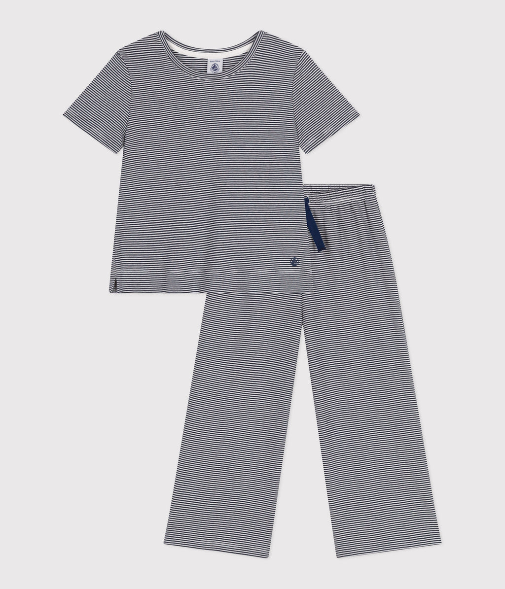 Pyjama enfant en coton manches courtes et jambes amples à rayures – F1