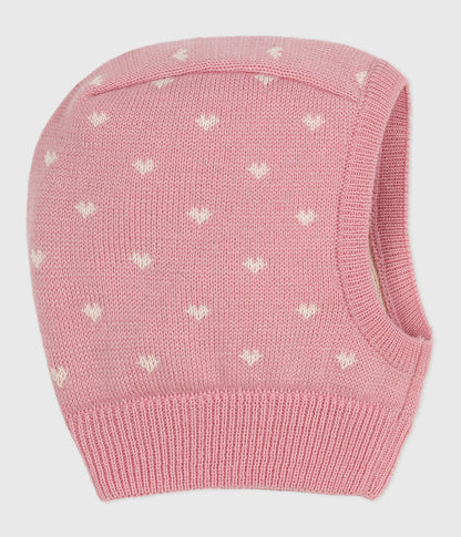 Cagoule bébé cœurs en laine et coton