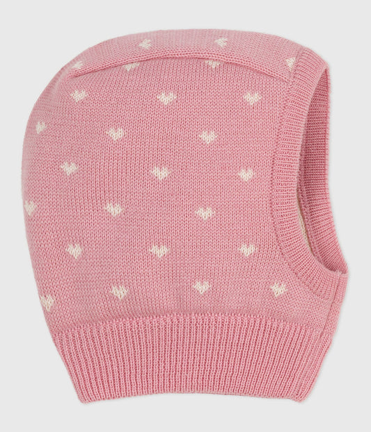 Cagoule bébé cœurs en laine et coton