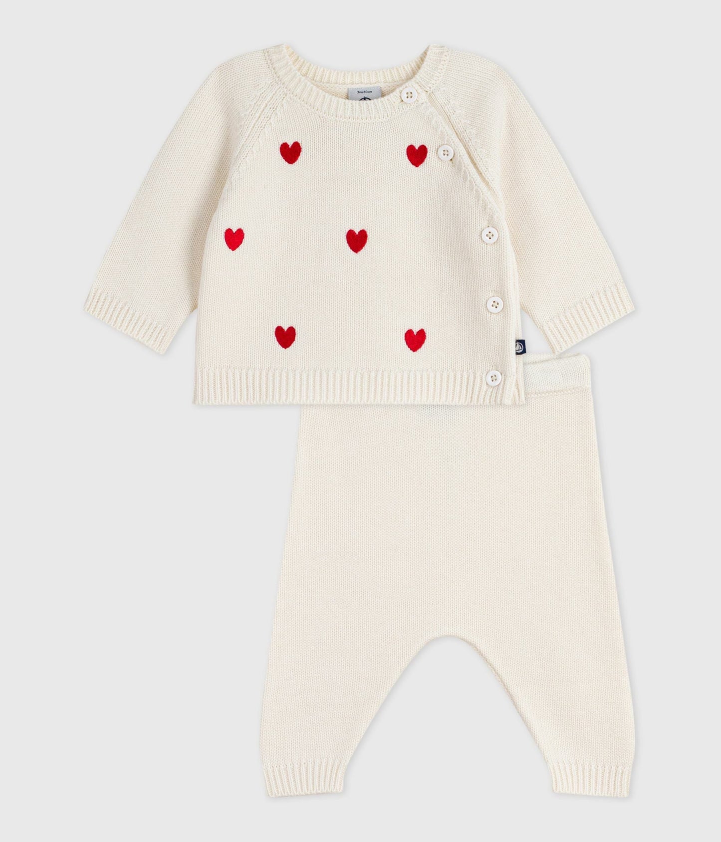Ensemble 2 pièces bébé en tricot et cœurs brodés