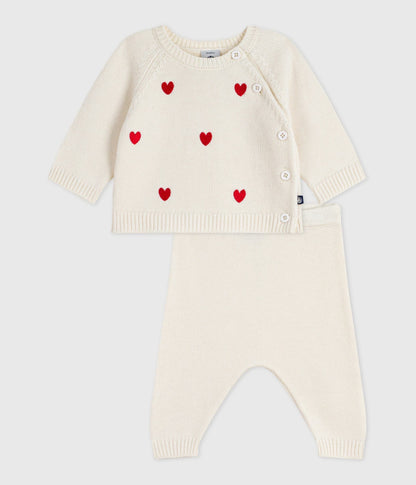 Ensemble 2 pièces bébé en tricot et cœurs brodés