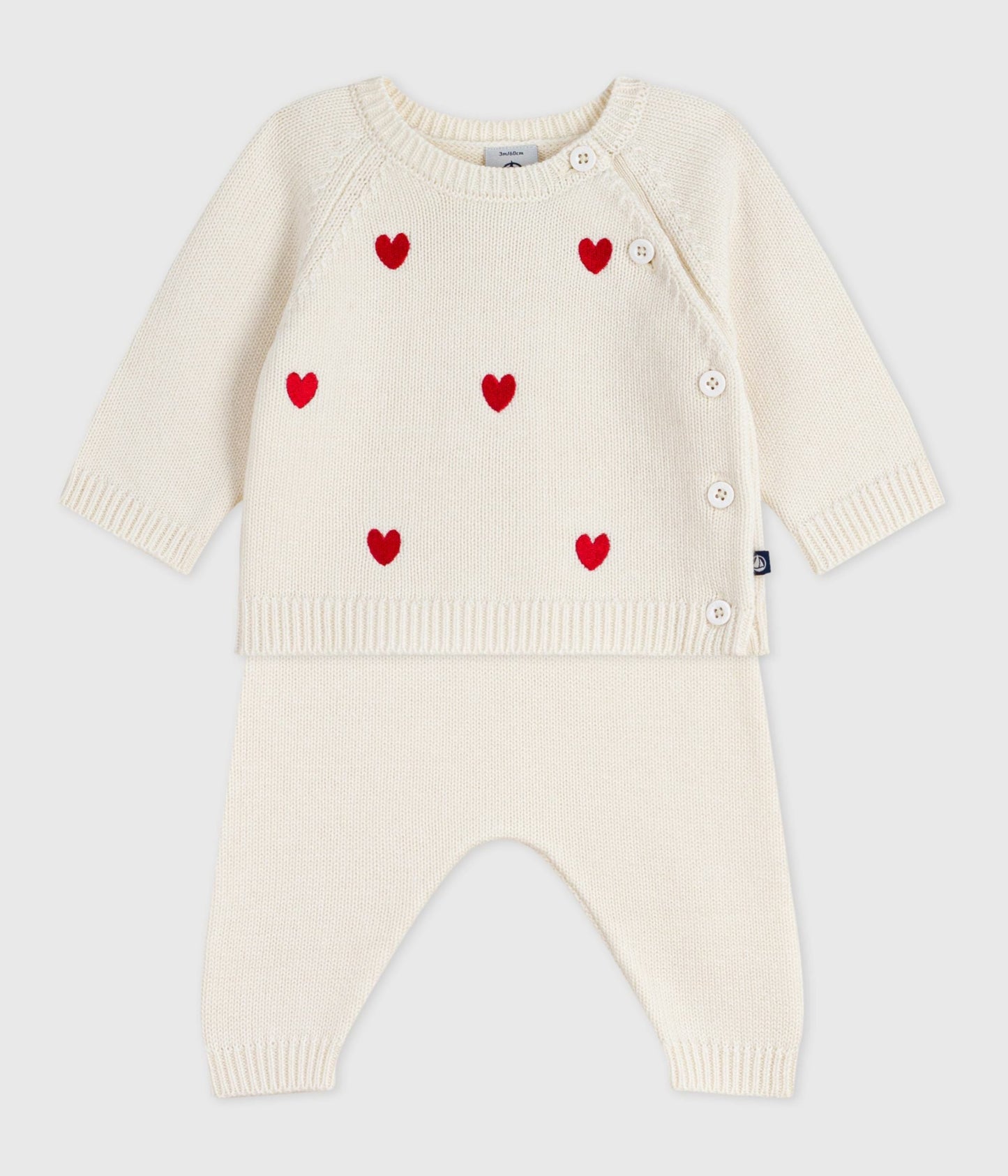 Ensemble 2 pièces bébé en tricot et cœurs brodés