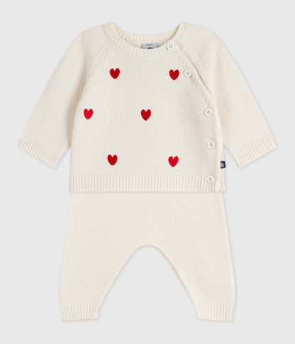 Ensemble 2 pièces bébé en tricot et cœurs brodés
