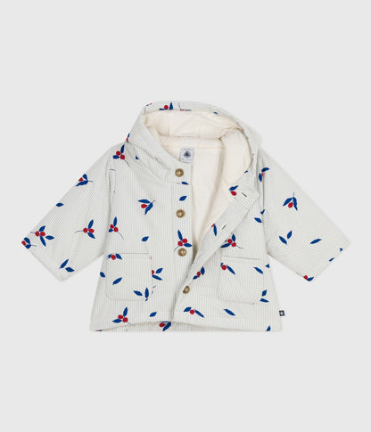 Manteau à capuche bébé ouatiné en popeline imprimée baie – CO2/MULTICO