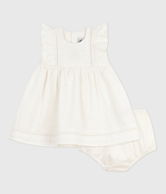 Robe bébé en coton sans manche unie et brodée avec son bloomer