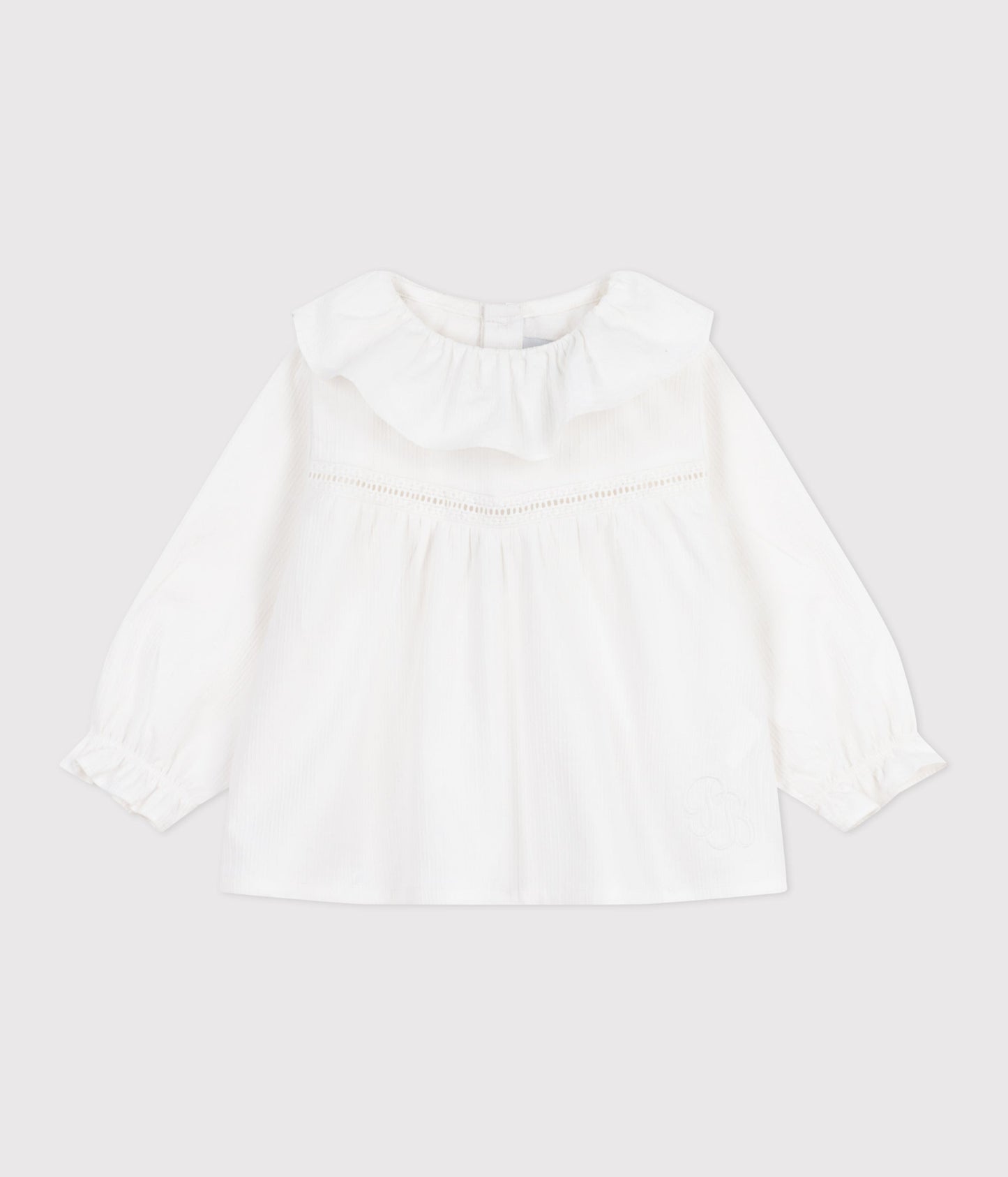 Blouse bébé en popeline de coton manches longues, à col et brodée