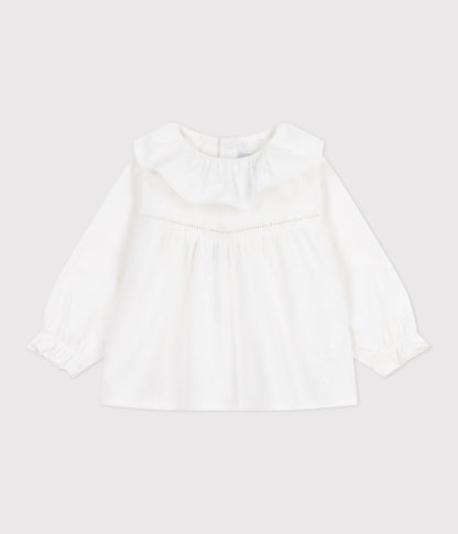 Blouse bébé en popeline de coton manches longues, à col et brodée