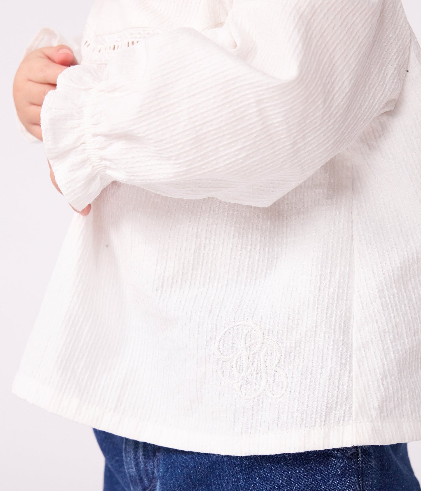 Blouse bébé en popeline de coton manches longues, à col et brodée