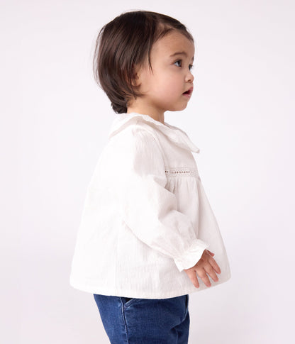 Blouse bébé en popeline de coton manches longues, à col et brodée