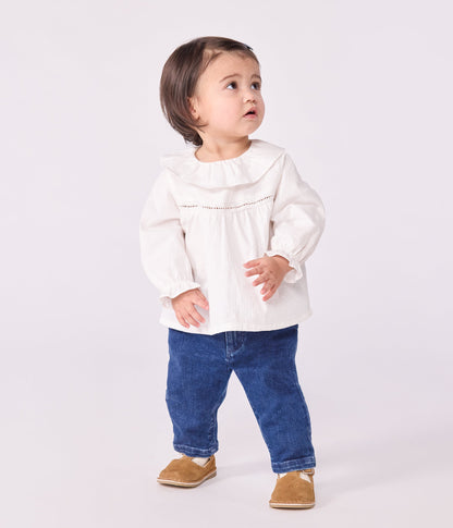 Blouse bébé en popeline de coton manches longues, à col et brodée