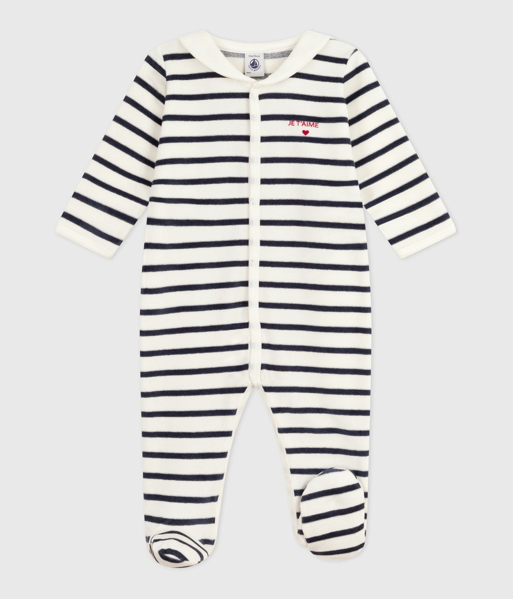 Pyjama bébé en velours imprimé à rayures — vue de face | Petit Bateau Seraf Genève