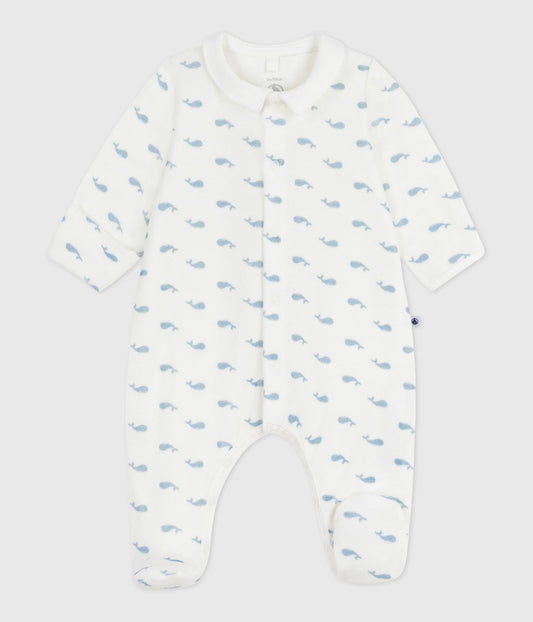 Pyjama bébé en velours à col imprimé baleines