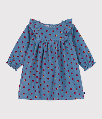 Robe bébé en velours côtelé manches longues imprimée pommes