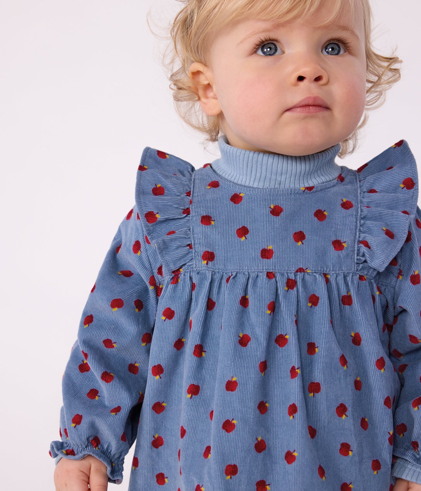 Robe bébé en velours côtelé manches longues imprimée pommes