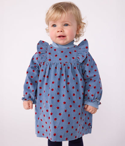 Robe bébé en velours côtelé manches longues imprimée pommes