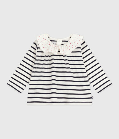 Blouse bébé en coton manches longues, marinière et col cœurs
