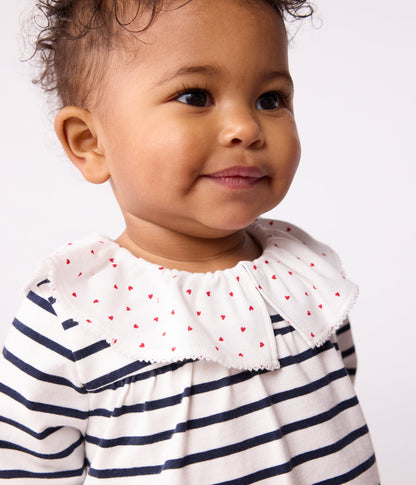 Blouse bébé en coton manches longues, marinière et col cœurs