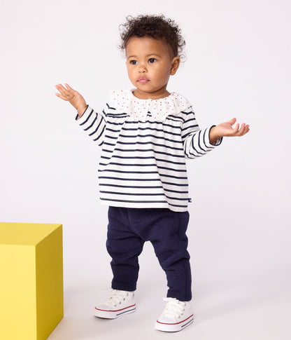 Blouse bébé en coton manches longues, marinière et col cœurs