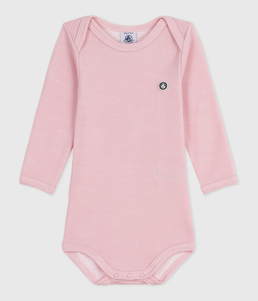Long-sleeved baby bodysuit in wool and cotton