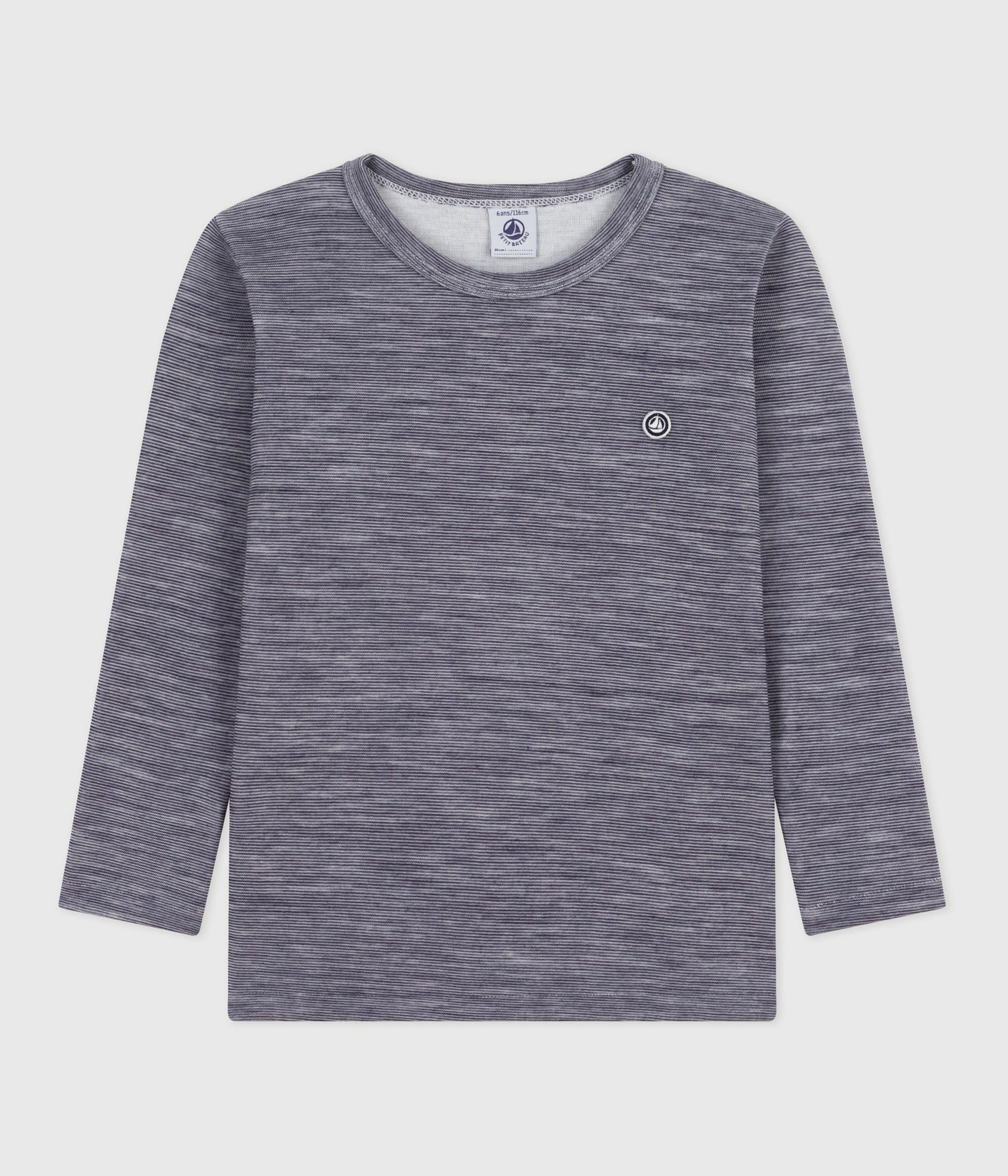 Tee-shirt enfant en laine et coton manches longues à rayures