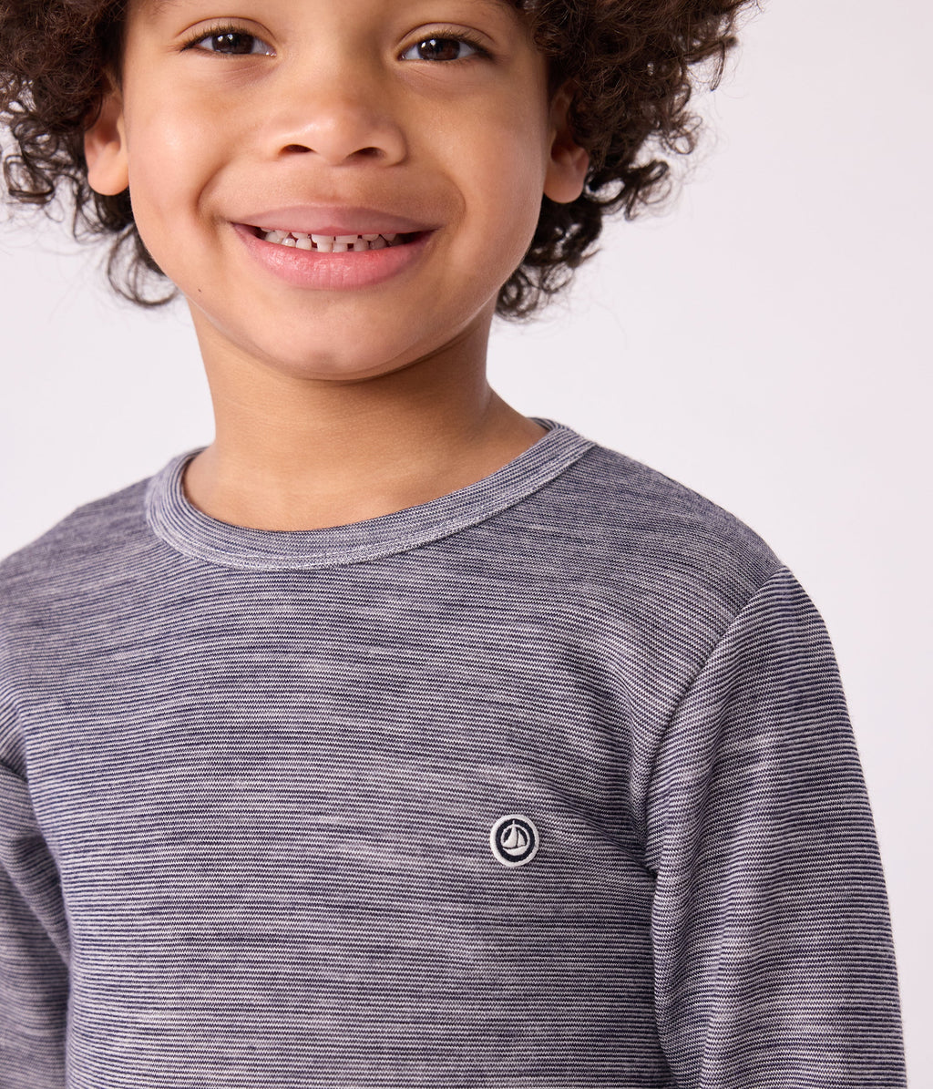 Tee-shirt enfant en laine et coton manches longues à rayures