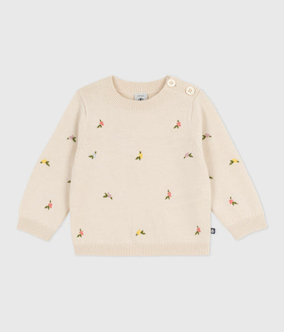 Pull bébé en laine et coton à fleurs brodées