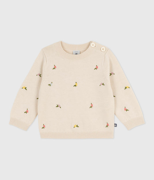 Pull bébé en laine et coton à fleurs brodées