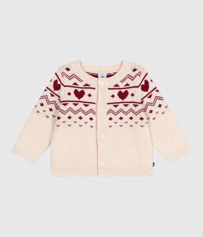 Cardigan bébé en tricot laine et coton, motifs cœurs