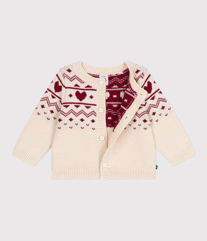 Cardigan bébé en tricot laine et coton, motifs cœurs
