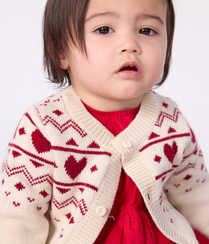Cardigan bébé en tricot laine et coton, motifs cœurs