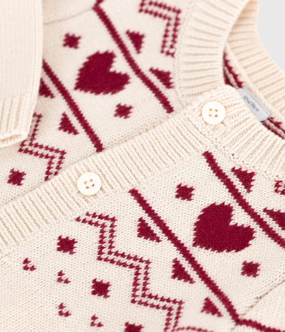 Cardigan bébé en tricot laine et coton, motifs cœurs