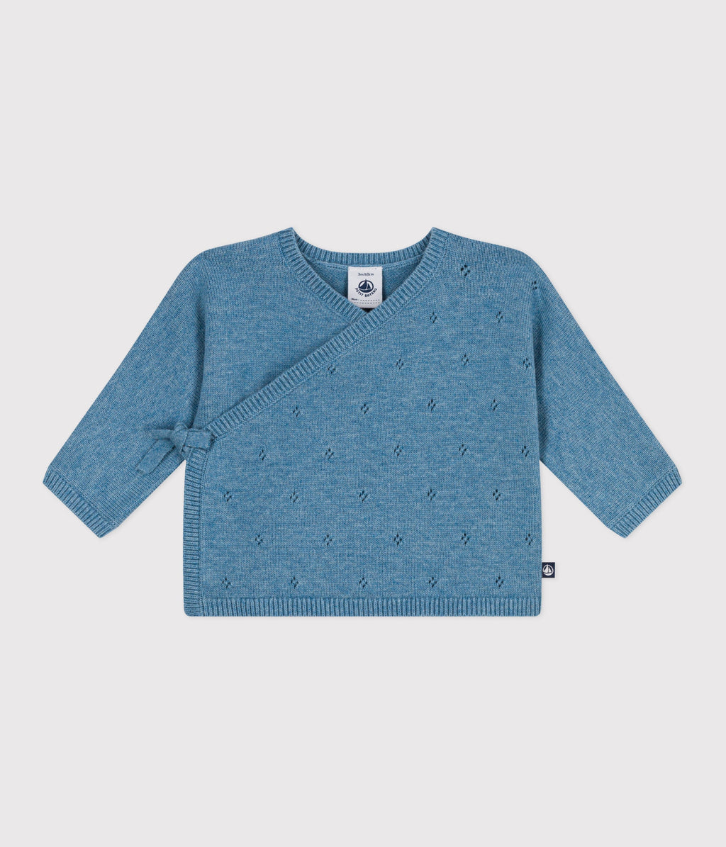 Openwork wrap-style baby cardigan in wool and cotton knit