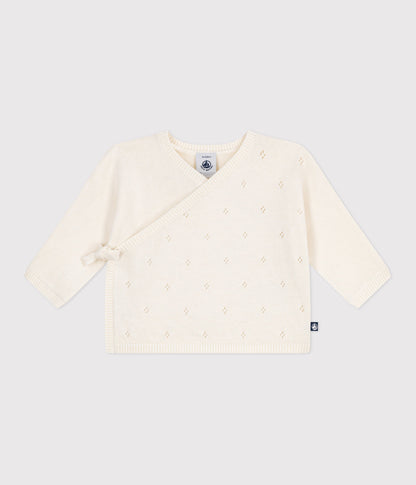 Brassière bébé cache-cœur ajourée en tricot laine et coton